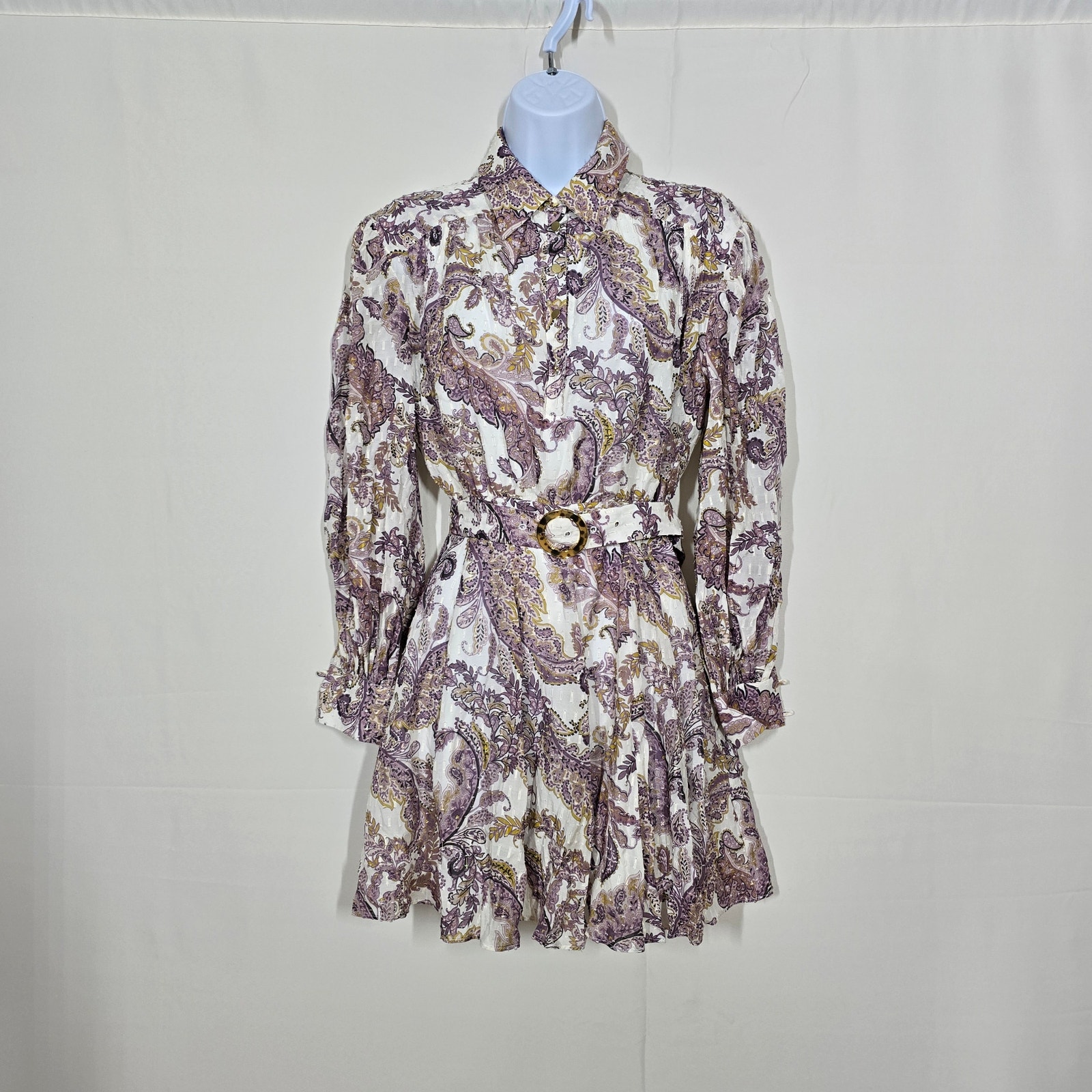Intermix Lucinda White Purple Gold Belted Paisley Mini Dress Size 0